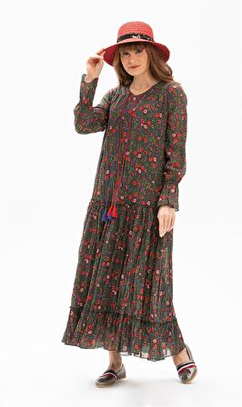 Uzun Kol Vual Gonca Uzun Elbise Tomurcuk Desen Yeş