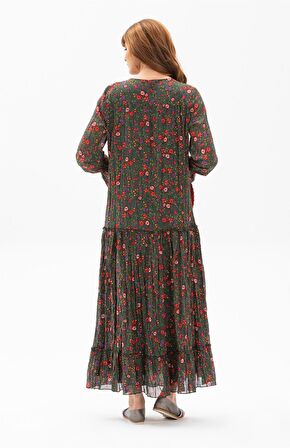 Uzun Kol Vual Gonca Uzun Elbise Tomurcuk Desen Yeş