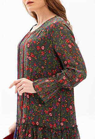 Uzun Kol Vual Gonca Uzun Elbise Tomurcuk Desen Yeş