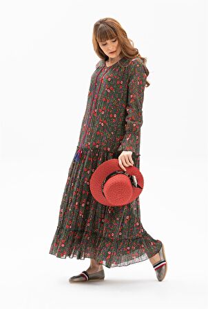 Uzun Kol Vual Gonca Uzun Elbise Tomurcuk Desen Yeş