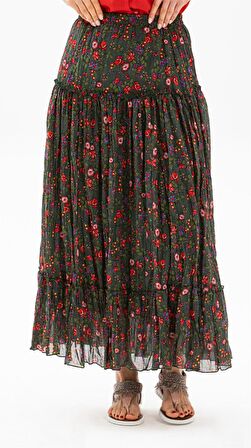 Buse Vual Uzun Etek Tomurcuk Desen Yeşil 6170