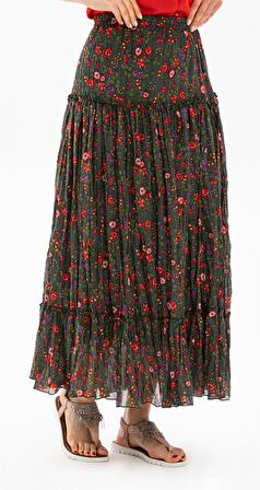 Buse Vual Uzun Etek Tomurcuk Desen Yeşil 6170