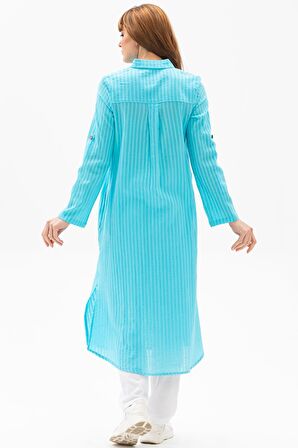 Uzun Kol Yakalı Gofre Tunik Buz Mavi 9012
