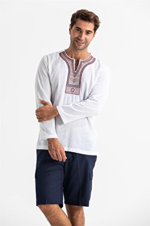 Uzun Kol Şile Bezi Bisiklet Yaka Etnik Erkek T-Shirt Beyaz Byz
