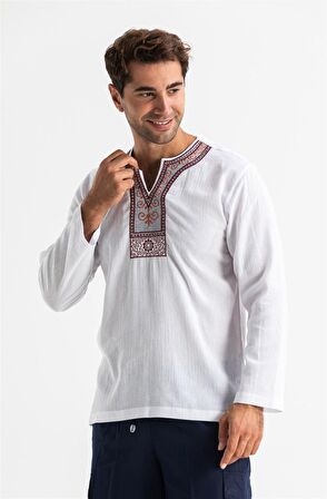 Uzun Kol Şile Bezi Bisiklet Yaka Etnik Erkek T-Shirt Beyaz Byz