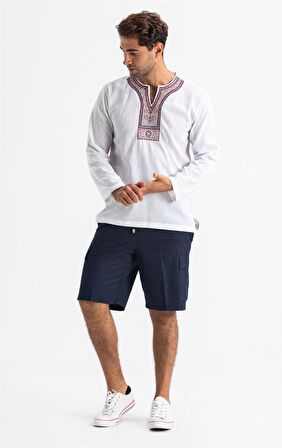 Uzun Kol Şile Bezi Bisiklet Yaka Etnik Erkek T-Shirt Beyaz Byz