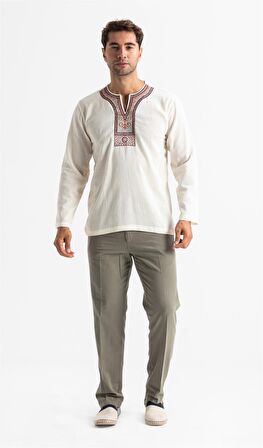 Uzun Kol Şile Bezi Bisiklet Yaka Etnik Erkek T-Shirt Krem Krm