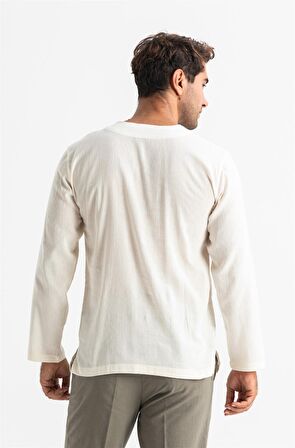 Uzun Kol Şile Bezi Bisiklet Yaka Etnik Erkek T-Shirt Krem Krm