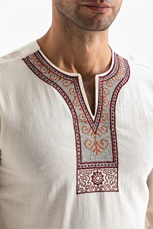 Uzun Kol Şile Bezi Bisiklet Yaka Etnik Erkek T-Shirt Krem Krm