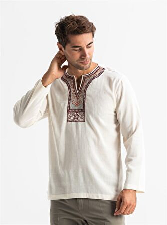 Uzun Kol Şile Bezi Bisiklet Yaka Etnik Erkek T-Shirt Krem Krm