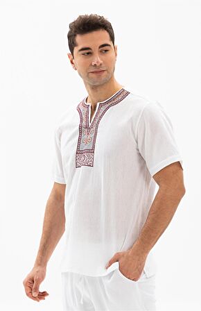 Kısa Kol Şile Bezi Bisiklet Yaka Etnik Erkek T-Shi