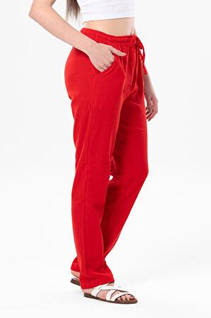 Şile Bezi Cepli Kadın Yazlık Pantolon Kırmızı Krmz