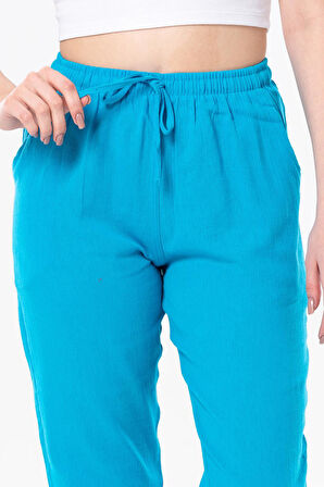 Şile Bezi Cepli Kadın Yazlık Pantolon Turkuaz Trkz