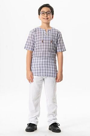 Kısa Kol Şile Bezi Zımbalı Yazlık Erkek Çocuk Tshirt Mor Kareli 3035