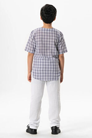 Kısa Kol Şile Bezi Zımbalı Yazlık Erkek Çocuk Tshirt Mor Kareli 3035