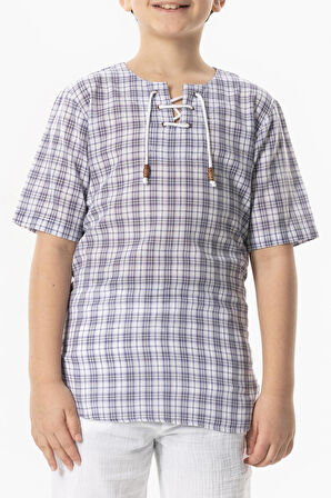 Kısa Kol Şile Bezi Zımbalı Yazlık Erkek Çocuk Tshirt Mor Kareli 3035