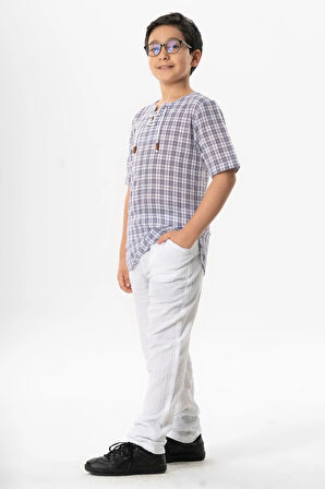 Kısa Kol Şile Bezi Zımbalı Yazlık Erkek Çocuk Tshirt Mor Kareli 3035