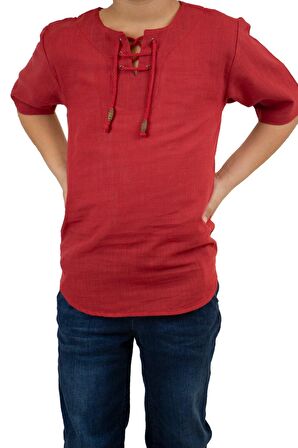 Kısa Kol Şile Bezi Zımbalı Erkek Çocuk Tshirt Kırm
