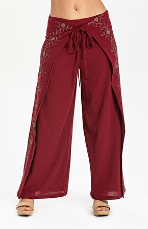 Nakışlı Şile Bezi Bilmece Pantolon Bordo Brd