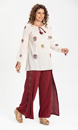Nakışlı Şile Bezi Bilmece Pantolon Bordo Brd