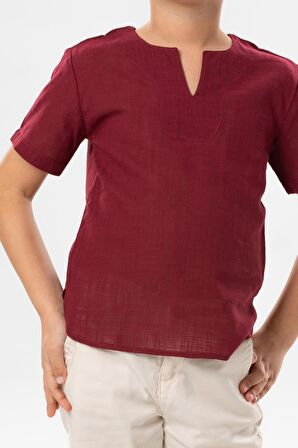 Kısa Kol Şile Bezi Bisiklet Yaka Yazlık Erkek Çocuk Tshirt Koyu Bordo 3068