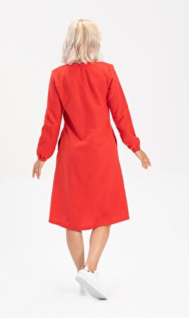 Uzun Kol Pazen Manolya Kısa  Elbise Kırmızı