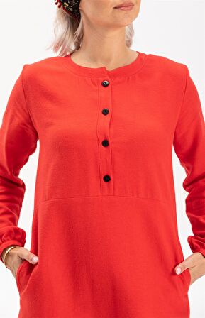 Uzun Kol Pazen Manolya Kısa  Elbise Kırmızı