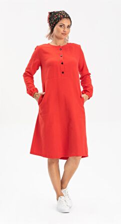 Uzun Kol Pazen Manolya Kısa  Elbise Kırmızı