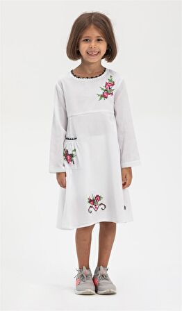 Uzun Kol Şile Bezi Burçak Çocuk Elbise Beyaz Byz
