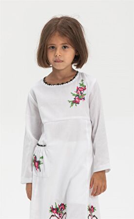 Uzun Kol Şile Bezi Burçak Çocuk Elbise Beyaz Byz