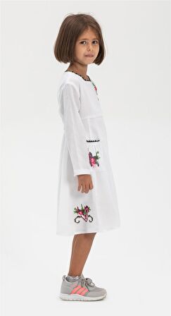 Uzun Kol Şile Bezi Burçak Çocuk Elbise Beyaz Byz