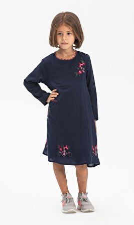 Uzun Kol Şile Bezi Burçak Çocuk Elbise Lacivert Lc