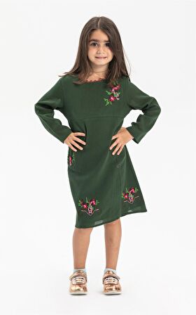 Uzun Kol Şile Bezi Burçak Çocuk Elbise Yeşil Ysl