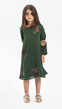 Uzun Kol Şile Bezi Burçak Çocuk Elbise Yeşil Ysl