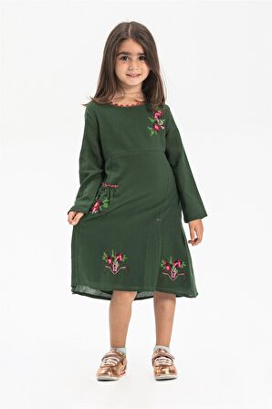 Uzun Kol Şile Bezi Burçak Çocuk Elbise Yeşil Ysl