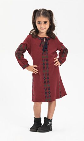 Uzun Kol Pazen Mahur Çocuk   Elbise Bordo