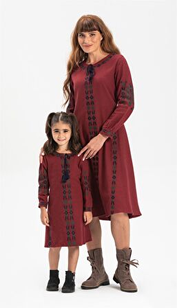 Uzun Kol Pazen Mahur Çocuk   Elbise Bordo