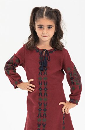 Uzun Kol Pazen Mahur Çocuk   Elbise Bordo