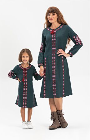 Uzun Kol Pazen Mahur Çocuk   Elbise Petrol