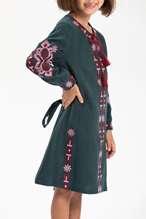 Uzun Kol Pazen Mahur Çocuk   Elbise Petrol