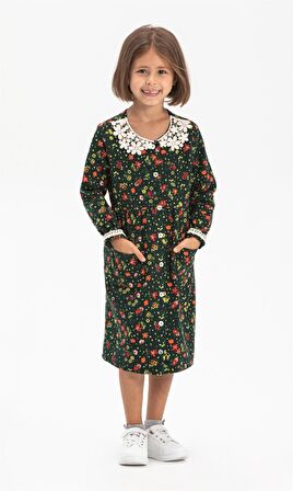 Uzun Kol Pazen Asya Yakalı Çocuk  Elbise Çiçek Des
