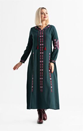 Uzun Kol Pazen Mahur Uzun Elbise Petrol