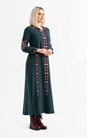 Uzun Kol Pazen Mahur Uzun Elbise Petrol