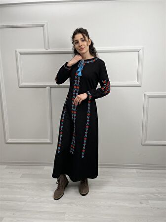 Uzun Kol Pazen Mahur Uzun Elbise Siyah