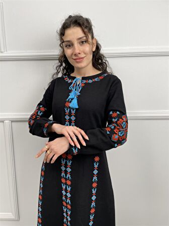 Uzun Kol Pazen Mahur Uzun Elbise Siyah