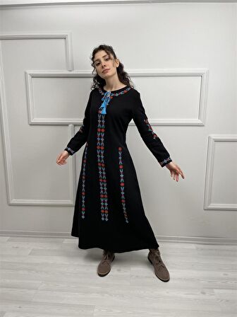 Uzun Kol Pazen Mahur Uzun Elbise Siyah