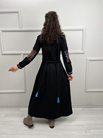 Uzun Kol Pazen Mahur Uzun Elbise Siyah