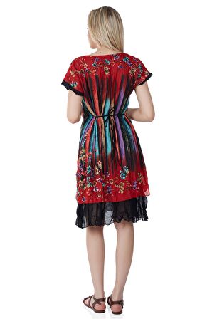 Kısa Kol Vual Defne Midi Boy Elbise Kırmızı