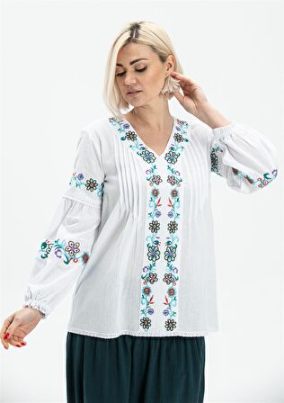 Uzun Kol Şile Bezi Ayşe Bluz Beyaz Byz