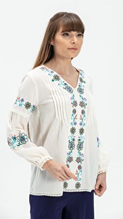 Uzun Kol Şile Bezi Ayşe Bluz Krem Krm